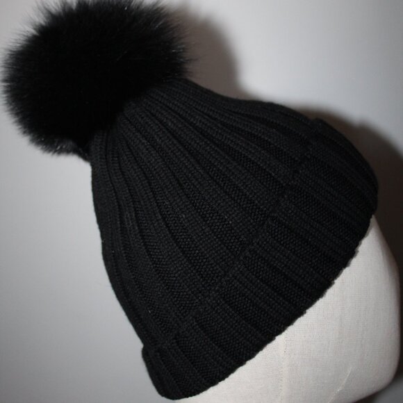 Moncler Real Fur Beanie Ribbed Knit Wool Hat One Size